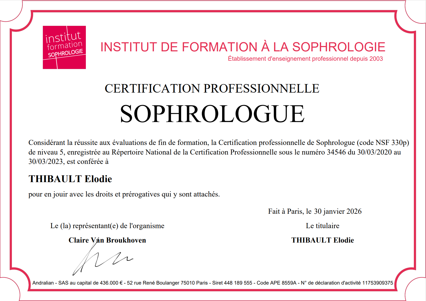 Diplôme de certification professionnelle de sophrologue d'Elodie Thibault
